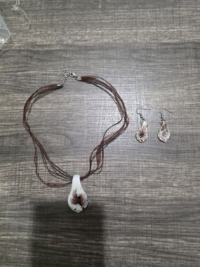 Hand-Painted Floral Glass Pendant Necklace and Earring Set - Brown Cord